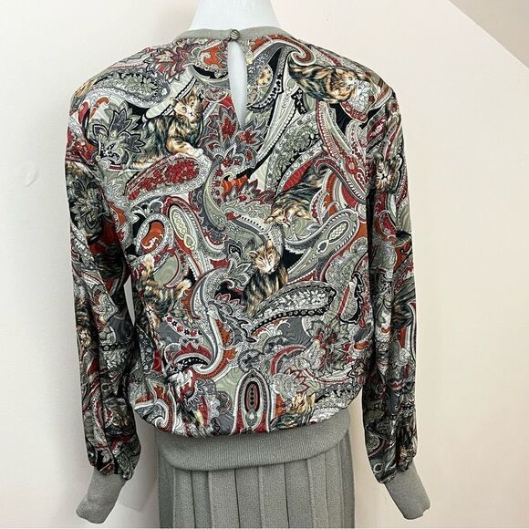Vintage 80’s Castleberry Paisley Cat Print Knit Skirt Set Tan 10 - Picture 2 of 11